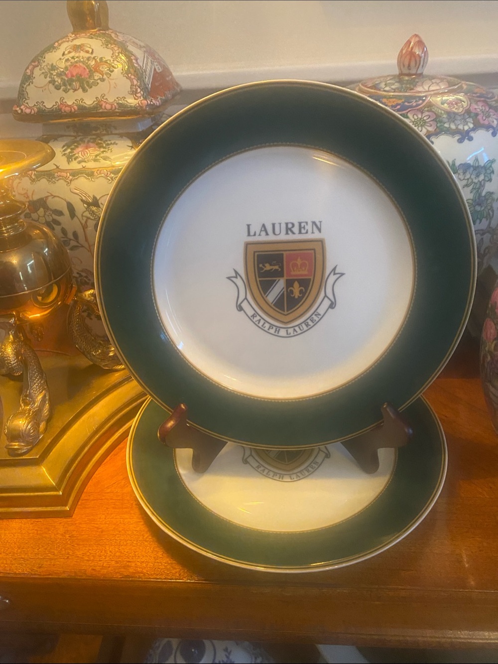 Ralph Lauren Knockhill Green PAIR of Salad Plates wGreen & Gold Trim